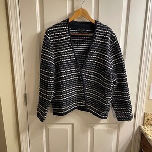 Ann Taylor Navy and White Striped V-Neck Cardigan